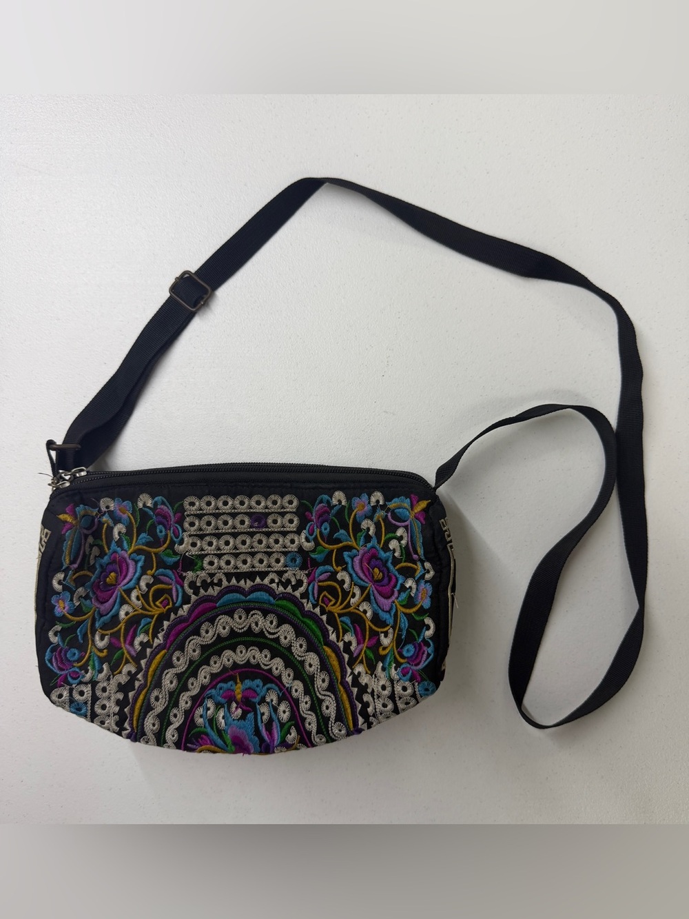 Hmong Style Embroidered Crossbody Bag Black Floral Multi Compartment Boho Purse